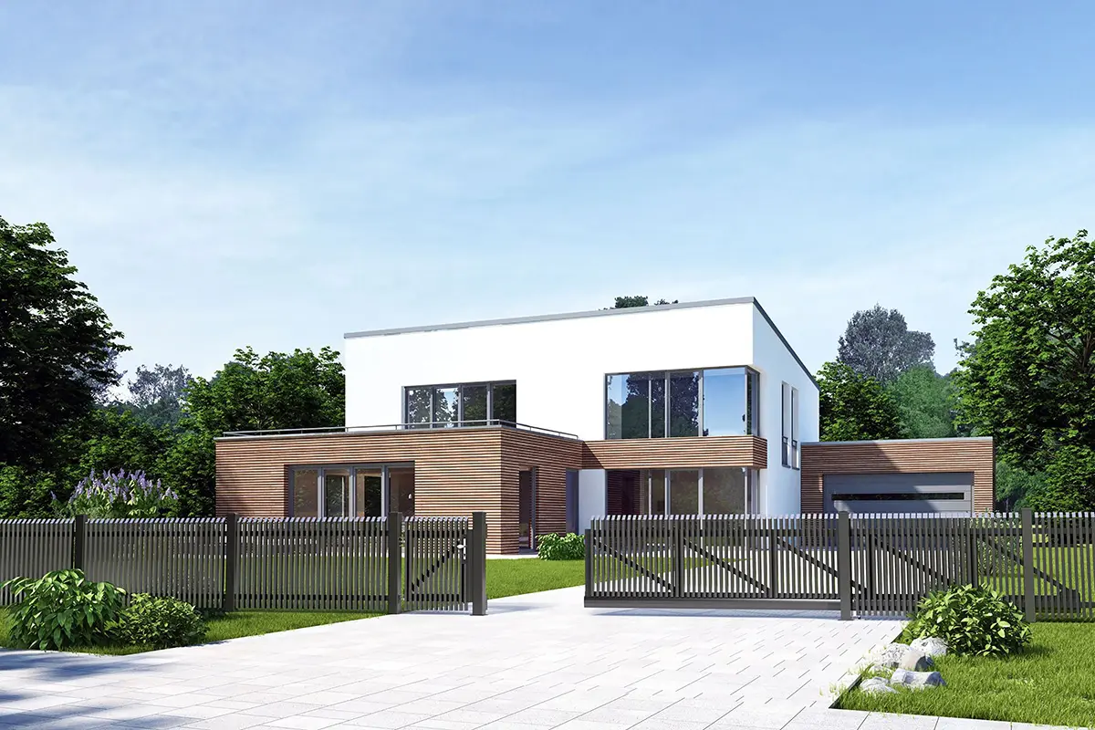 Aluminium-Zaunanlage mit Doppelflügeltor vor einem modernen Neubau